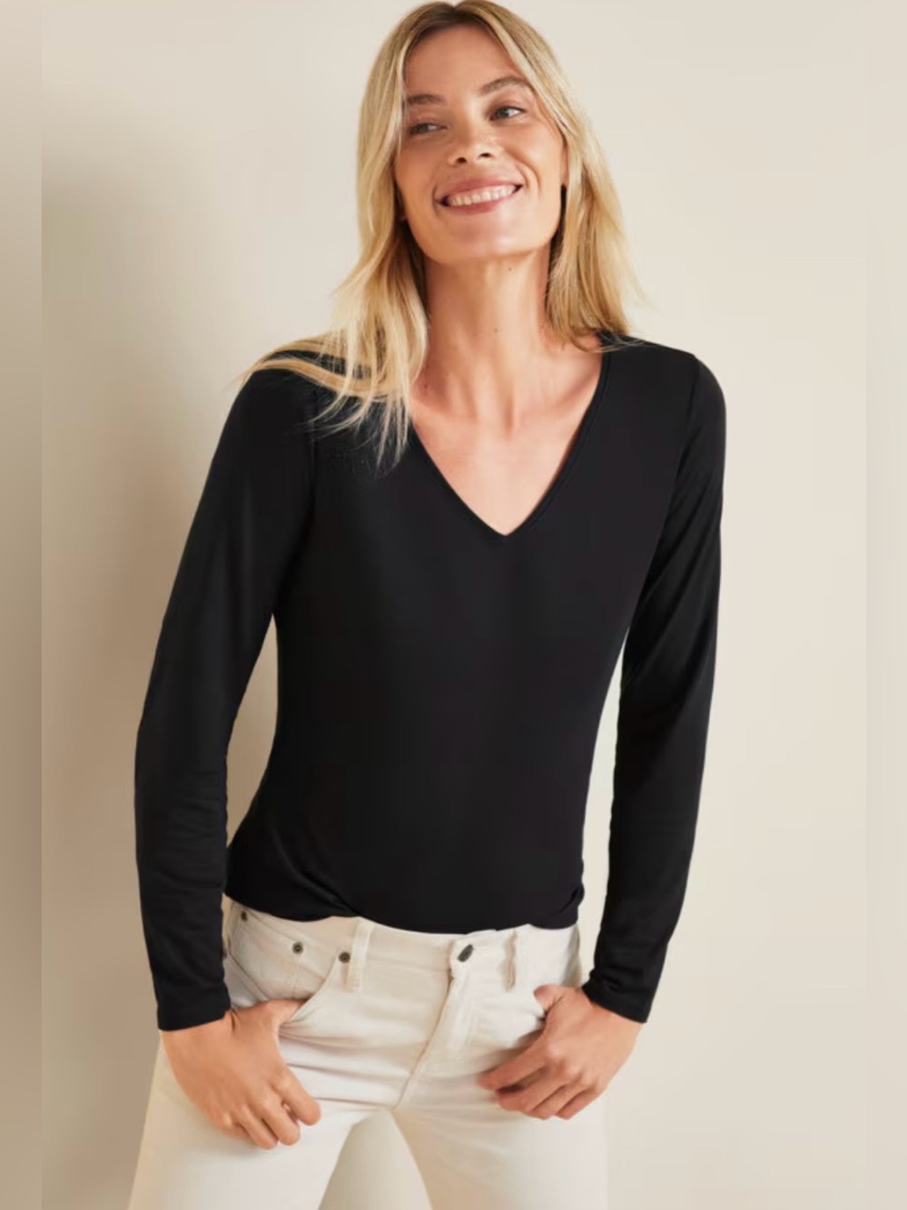 Garnet Hill Classic Essential Long-Sleeve V-Neck Tee Black Large L